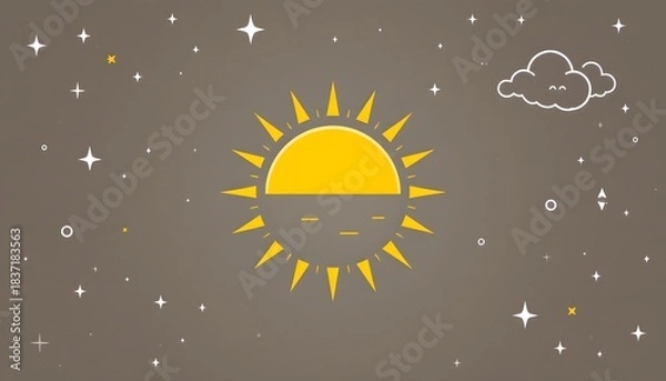 Fototapeta Illustration of a Bright Yellow Sun in a Cloudy Sky with Stars on a Gray Background