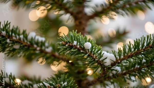 Fototapeta Beautiful Christmas Tree Branches with Snow and Soft Glowing Lights for a Festive Atmosphere