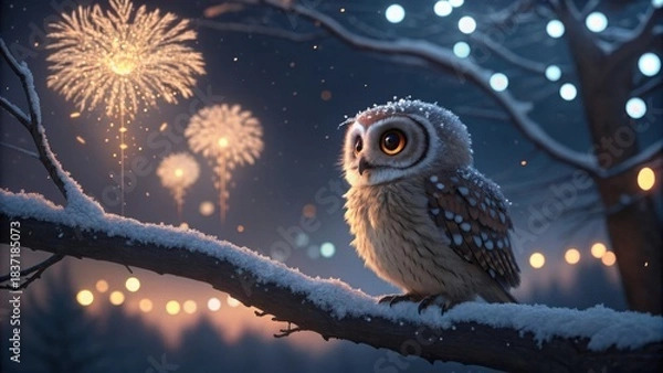 Fototapeta Cute wise owl sitting on a branch at night with colorful blurred bokeh fireworks in the background, cinematic lighting for New Year's Eve holiday concept.