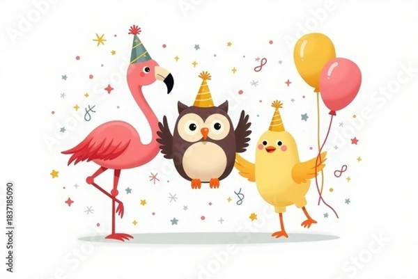 Fototapeta Vector style illustration of a group of friends including a flamingo, an owl, and a chick wearing party hats and holding balloons, isolated on white background.