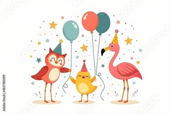 Fototapeta Vector style illustration of a group of friends including a flamingo, an owl, and a chick wearing party hats and holding balloons, isolated on white background.