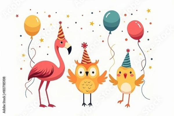 Fototapeta Vector style illustration of a group of friends including a flamingo, an owl, and a chick wearing party hats and holding balloons, isolated on white background.