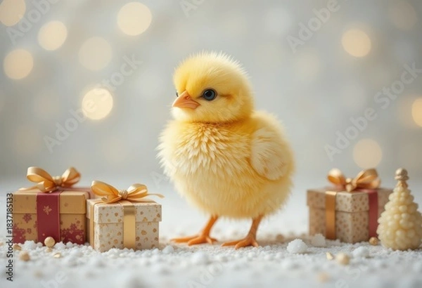 Fototapeta Adorable fluffy yellow baby chick standing next to small gift boxes on a bright white background, symbolizing a fresh start and new beginning for New Year 2026.