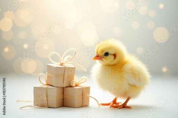 Fototapeta Adorable fluffy yellow baby chick standing next to small gift boxes on a bright white background, symbolizing a fresh start and new beginning for New Year 2026.