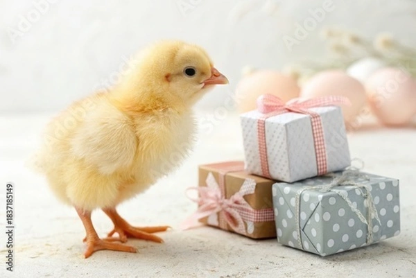 Fototapeta Adorable fluffy yellow baby chick standing next to small gift boxes on a bright white background, symbolizing a fresh start and new beginning for New Year 2026.