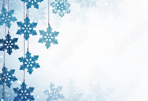 Fototapeta White winter or Christmas background with blue beautiful snowflakes, greeting card or poster template with space for text