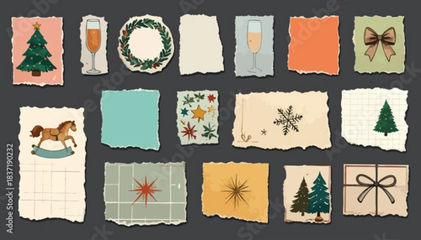 Fototapeta Holiday illustrations on torn paper, Christmas themed scrapbook