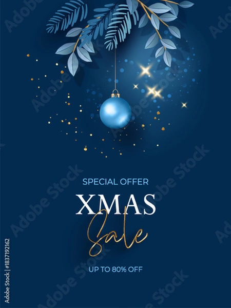 Fototapeta New Year and Christmas sale poster. Luxurious dark blue background with gold graphic elements and glitter
