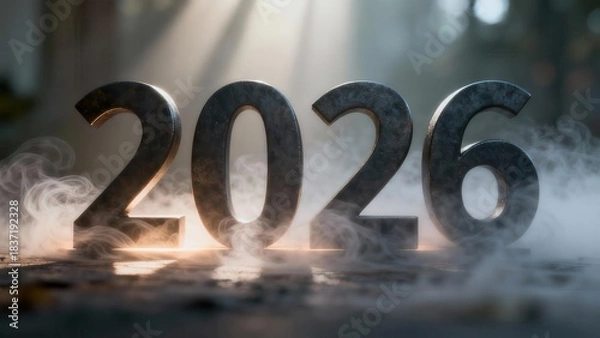 Fototapeta Metallic three dimensional numerals indicating the year two thousand twenty six rest upon a textured surface shrouded in low lying vapor
