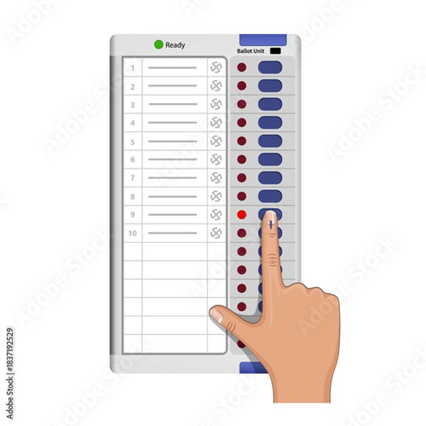 Obraz Hand Casting Vote on Indian Electronic Voting Machine (EVM) with Indelible Ink Mark, Democracy, Voting rights, Indian Election Vector illustration