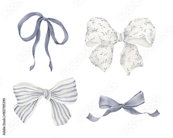 Obraz Watercolor set with cute hand painting bows blue and white colors, collection of decorative accessories, delicate print for your cards, frames or posters.