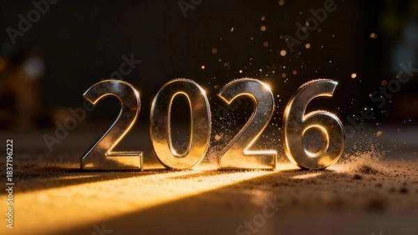 Fototapeta Metallic numbers representing the year two thousand twenty six rest on a surface with dramatic lighting