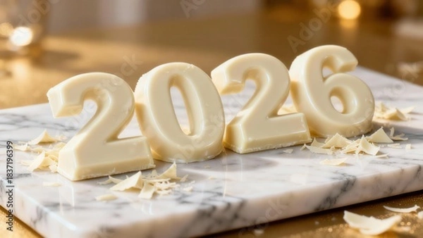 Fototapeta Creamy confectionary numerals display the forthcoming calendar year upon a polished stone surface