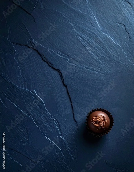 Obraz マットなディープネイビー背景の右下に、高級チョコレートプラリネを一粒配置した構図です。
