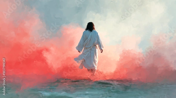 Obraz A digital painting of Jesus walking on water