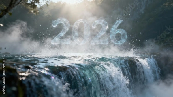 Fototapeta Glowing ethereal numbers materialize above a powerful natural waterfall in a misty forest setting