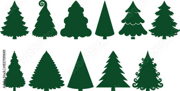 Obraz Assortment of Green Christmas Tree Silhouettes on White Background holiday decoration