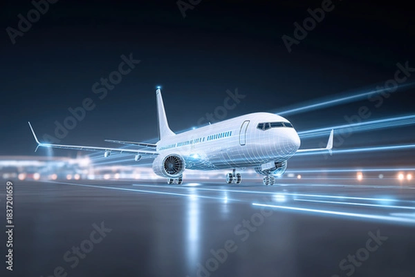Fototapeta A futuristic illustration of an airplane about to take off on an airport runway at night.