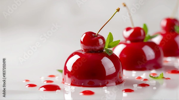 Obraz 白い背景に並んだ光沢のある赤いチェリーのドーム型ムースケーキ