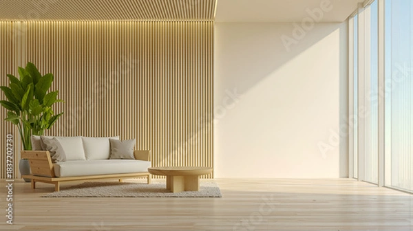 Obraz 大きな窓から光が差し込む木製ルーバー壁と白いソファのあるモダンなリビングルーム