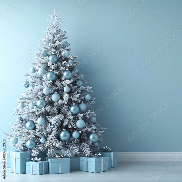 Fototapeta White Christmas tree decorated with blue ornaments and gifts, creating a festive winter holiday scene with ample copy space for seasonal designs