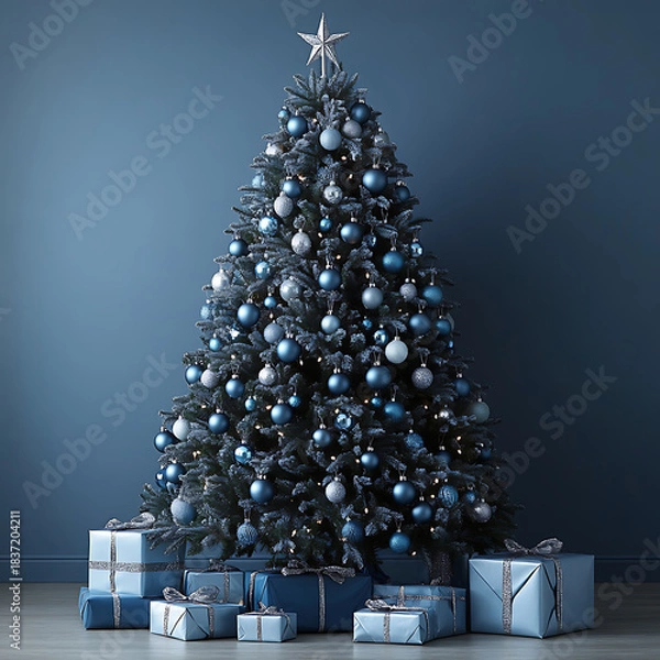 Fototapeta Blue decorated Christmas tree standing with gifts against a monochrome background, creating a festive winter holiday atmosphere and celebrating the season