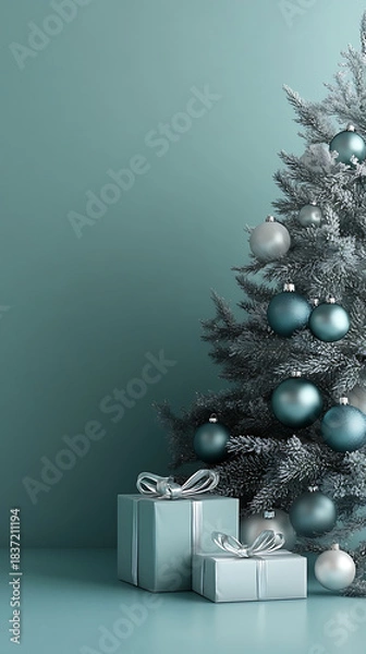 Fototapeta Christmas tree branches covered in frost, decorated with blue and silver ornaments, standing next to wrapped gift boxes, creating a festive holiday atmosphere