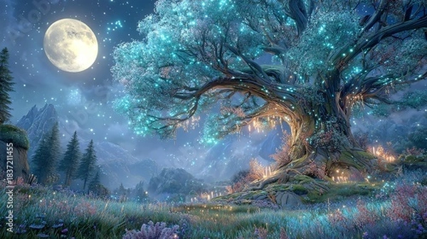 Obraz A mystical tree glowing under the moonlight.