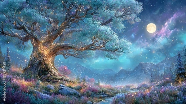 Obraz A mystical tree under a bright moonlit sky.