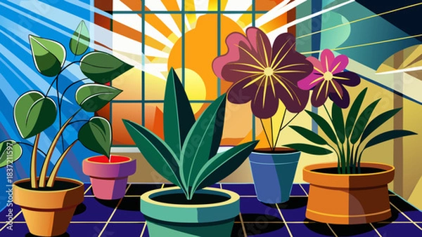 Fototapeta Radiant Energy: A vibrant botanical scene with geometric light