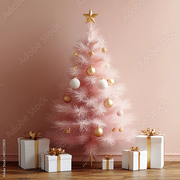 Fototapeta Pink Christmas tree decorated with gold and white baubles and a star, surrounded by elegantly wrapped gift boxes, creating a serene and modern holiday atmosphere