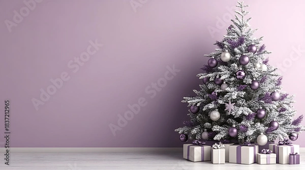 Fototapeta Flocked Christmas tree with snow effect branches and purple lavender decorations. Creating a festive holiday atmosphere with wrapped presents on a wooden floor