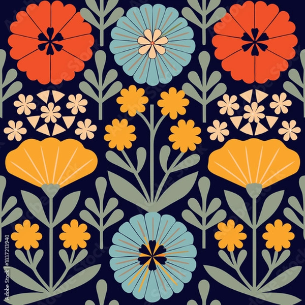 Obraz Colorful Retro Flower Pattern on Dark Blue floral bloom.