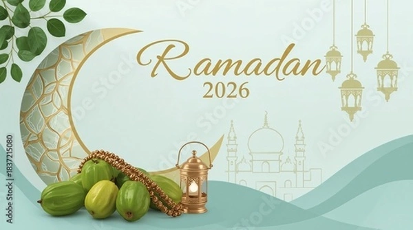 Fototapeta Ramadan 2026 crescent moon with dates and lanterns