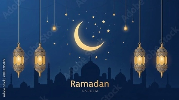 Fototapeta Ramadan kareem crescent moon and lanterns with mosque silhouette at night