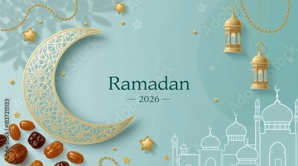 Fototapeta Ramadan kareem crescent moon with lanterns and dates background