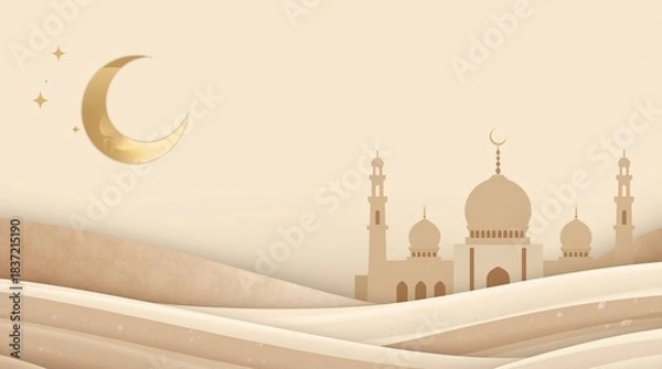 Fototapeta Golden crescent moon and mosque silhouette in desert landscape