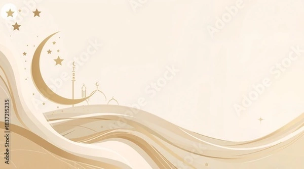 Fototapeta Elegant crescent moon and stars with flowing abstract waves background