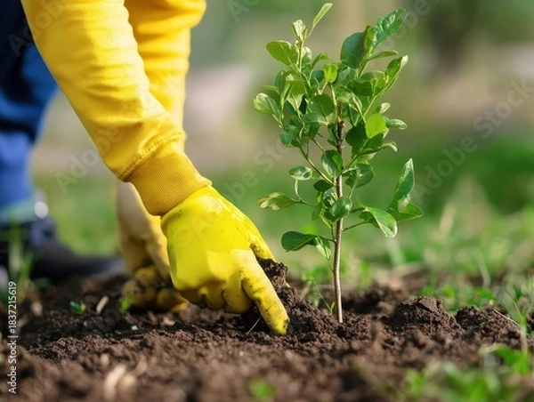 Obraz Planting a vibrant young tree in rich soil with bright sunshine and hope for a greener future