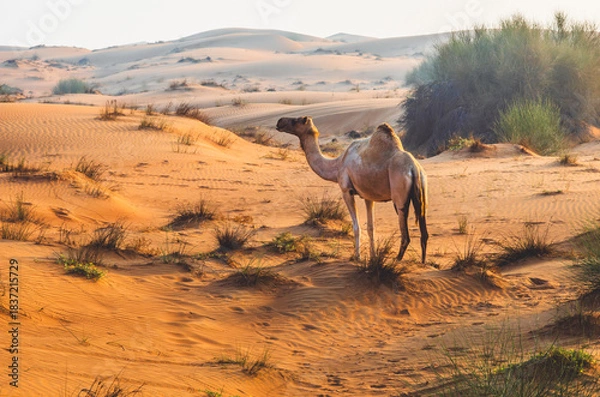 Fototapeta Semi wild camel grazing in the desert sand dunes near Dubai