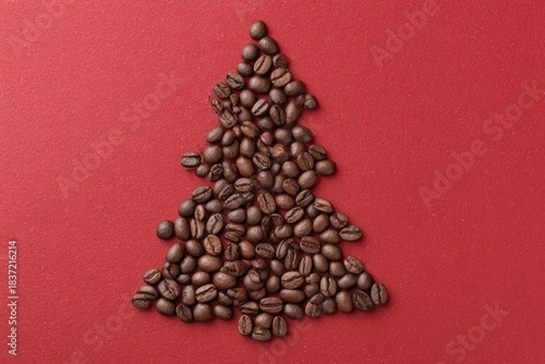 Obraz Coffee beans forming christmas tree on red background, copy space