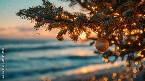 Obraz Christmas tree branch decorating beach at sunset