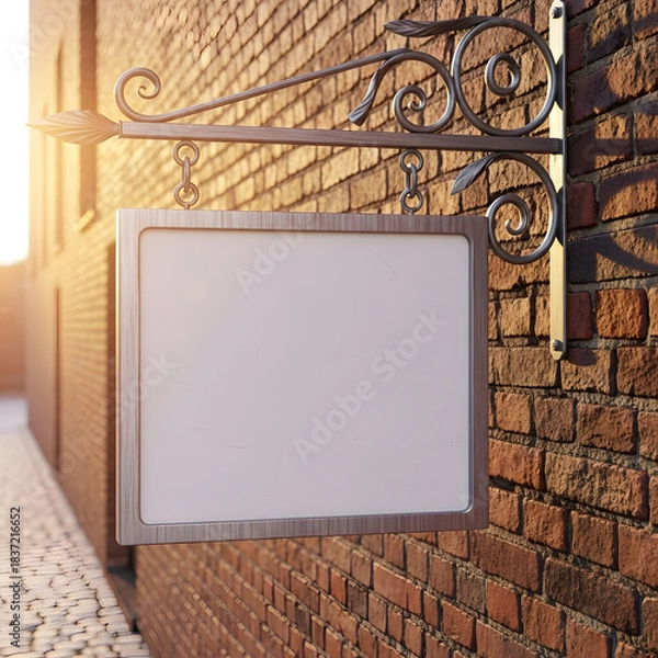 Fototapeta Vintage-inspired blank hanging sign on an old brick wall, ready for custom text or logo display, ideal for business branding mockups and storefront advertising