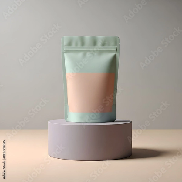Fototapeta Minimalist Stand-Up Pouch Mockup on a Display Pedestal, Perfect for Branding Product Packaging Design with a Customizable Label Template