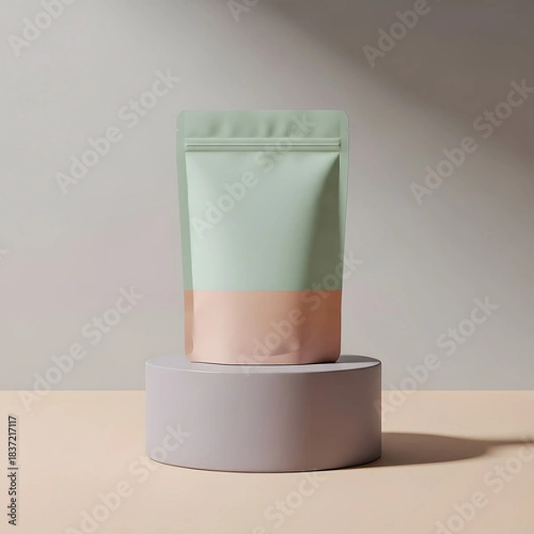 Fototapeta Minimalist two-tone stand-up pouch mockup in pastel green and pink, ideal for showcasing modern product packaging and branding designs with copy space