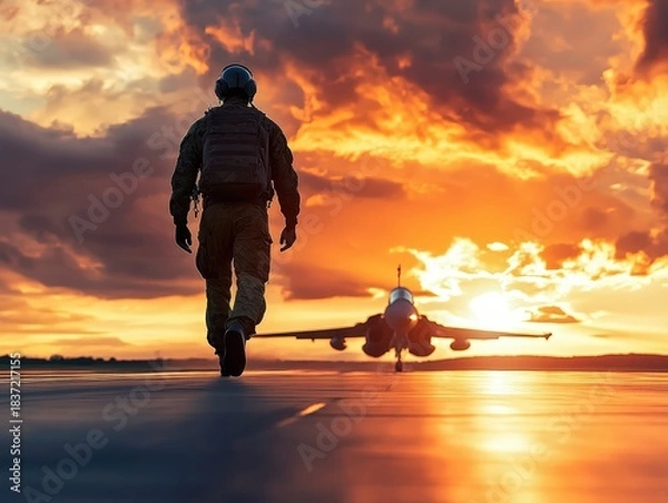 Obraz Courageous pilot walking toward fighter jet at striking sunset ready for takeoff on a mission of freedom