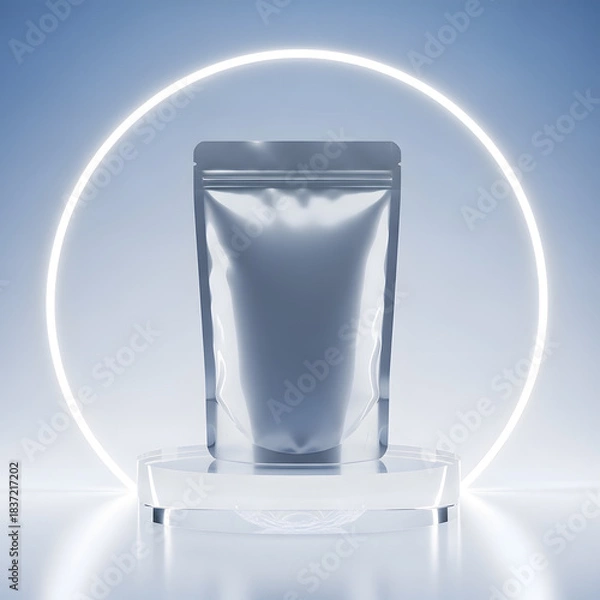 Fototapeta Blank Stand-Up Pouch Mockup for Product Packaging. Sleek Design Template on a Clear Pedestal, Highlighted by a Glowing Circular Neon Light for Effective Branding