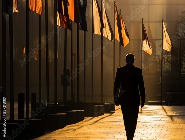 Obraz Successful businessman confidently walking toward global opportunities in vibrant light of international flags