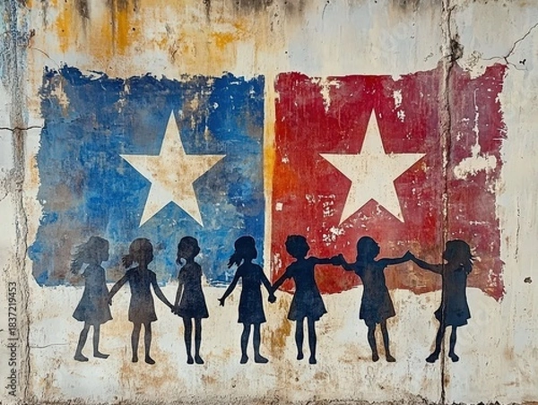 Obraz Children holding hands beneath patriotic stars, a powerful symbol of unity and hope for a brighter future