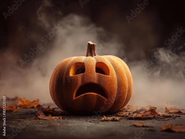 Obraz Spooky Halloween pumpkin with sad face emitting ghostly fog, perfect for autumn holiday designs or eerie themed projects